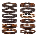 Set de 12 pulseras de cuero trenzado vintage para hombre y mujer en marrón y negro - Juego de 12