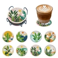 8-piece set of diamond painting coasters with tropical plant designs and a metal holder - Tropical Plant Series (With Coasters And Holder)(BD001)