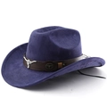 Detail of western cowboy hat with silver bull head emblem and brown leather strap - M (56-58cm) / Navy Blue