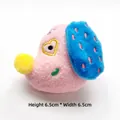 Detail shot of a 6.5cm pink plush dog head with blue ear and heart-shaped eyes - DIY Style (Back Opening) / Pink Dog