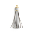 Light grey leather tassel pendant with gold metal cap and keychain ring on white background - Basic Ring Style / Gray