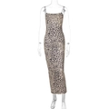 Detailed front view of leopard print bodycon maxi dress with spaghetti straps - S / Leopard Print