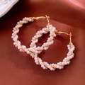 Detail of vintage gold-plated hoop earrings with woven small white pearls on red fabric - Pearl Woven Vintage Circle Earrings (44#)