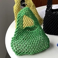 Handmade green cotton rope woven tote bag with hollow mesh design in minimalist style - Green (with inner bag)