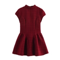 Elegant wine red tweed mini dress with mock neck and cinched waist in A-line silhouette - XS / Burgundy