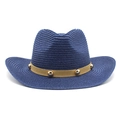 Close-up of navy straw cowboy hat with brown decorative band and golden metal buckle - M(56-58cm) / Navy Blue