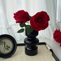 Elegant black tiered ceramic vase with two realistic red velvet roses on a woven tray - French Velvet Red Roses 2 Pcs + Black Glass Vase