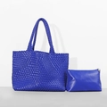 Deep blue woven tote bag set with matching smooth leather clutch in vibrant cobalt - Navy Blue