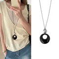 Minimalist long necklace with black resin ring pendant and silver metallic bead - Silver Bead Black Ring (18#) / 18# Necklace-Black-Silver