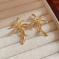 Golden palm tree stud earrings with polished metallic finish on cream jewelry box - 56# Gold Radiative Coconut Tree Style (HE30401)
