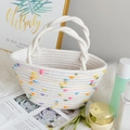 Mini cream cotton rope woven tote bag with colorful pom poms and twisted dual handles - White Pom Pom