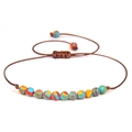Adjustable woven bracelet with 4mm colorful striped beads and brown cord - Colorful Swirl Beads/FD8456