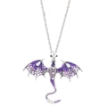Retro silver necklace featuring a purple enamel dragon pendant with sparkling crystals - Antique Silver Dark Violet