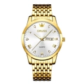 Detail view of gold quartz watch with white sunray dial and double date window display - All Gold Steel Strap White Dial