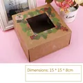 Kerst cupcake doos van kraftpapier met venster en feestelijke prints, 15x15x8cm groot - Groene Bladkrans / Klein (4-stuks) / Bruin Kraft