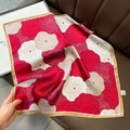 Elegant mulberry silk square scarf with red and white camellia pattern and gold trim - 70*70cm / 30124-Red White Camellia