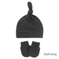 Detail of dark grey knitted baby hat with top knot and matching anti-scratch mittens - Dark Grey Hat