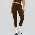 Slim fit high-waisted coffee brown yoga leggings with contrast white side stripes - S / Chocolate Brown