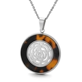 Silver stainless steel necklace featuring a round tortoiseshell resin flower pendant - Steel Color Hollow Floral (KP81019-KC)