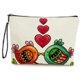 White canvas makeup bag with cute chick print, colorful bird illustration and heart patterns - Love Birds Style (xy-061-4) / With Strap