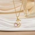 Elegant gold cherry pendant necklace with pink and white heart crystals for women - Gold Heart Pink and White Crystal