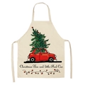 Linen Christmas apron in beige with red car and Christmas tree print for kitchen decor - Style-9 (Little Red Car)