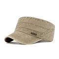 Men's vintage washed khaki military flat top cap with a fashion metal emblem - Adjustable / Khaki