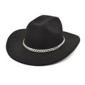 Sombrero fedora negro de lana con cadena metálica plateada de estilo vaquero moderno - Negro / M(56-58cm)