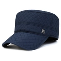 Navy blue quilted flat top hat for men featuring a metallic buckle side detail - Adjustable / Flat Top Style Blue