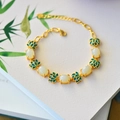 Ancient gold style lotus bracelet with white gemstones and turquoise enamel accents - 16+3cm / White Jade
