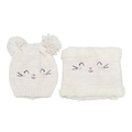 Dettaglio cappello in maglia rosa con pon pon e scaldacollo coordinato con ricamo gatto e pelo - Bianco Sporco
