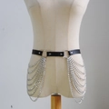 Detail of punk black PU leather waist belt with multilayered silver metal fringe body chains - Black