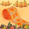 Detail of orange maple leaf print burlap ribbon roll for autumn harvest decoration - Natural Maple Leaf