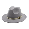 Detail of grey wool fedora hat featuring woven rope band and vintage bronze beads - Light Gray