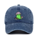 Berretto da baseball in denim lavato vintage con ricamo di rana e fungo cartone - Blu navy