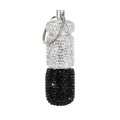 Capsule shaped pill bottle keychain with sparkling black and white rhinestones - White + Black