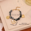 Rose and heart charm bracelet with black and white patterned silk ribbon detail - Black & White Patterned Scarf Heart Charm Bracelet (4#)