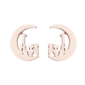 Elegant rose gold moon and cat hollow stud earrings in stainless steel on white background - Moon Couple & Cat / Rose Gold