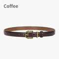 Minimalist dark coffee genuine leather belt with a vintage gold floral buckle for women - Coffee