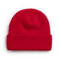 Solid bright red knitted beanie hat for winter featuring a fine-ribbed fold-over cuff design - One Size / Red