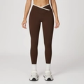 Pantalon de yoga marron chocolat avec taille haute croisée en V et liseré blanc - M / Café Foncé