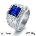 Men's silver stainless steel ring with square blue gemstone and Freemason emblem - Blue & Silver