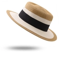 Sombrero de paja bicolor clásico con cinta negra y ala plana para el sol del verano - M (56-58cm) / Estilo de Empalme Canela Claro Natural (4)
