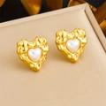 Elegant gold heart earrings with irregular texture and pearl inlay on a beige stand - Lava Texture Heart Pearl Stud Earrings (E6206)
