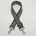 Ethnic bohemian style bag strap with black and gray floral embroidery and metal hooks - Black Grey Gunmetal Hook