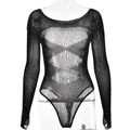 Body sexy noir en tulle transparent à manches longues et strass brillants sur fond blanc - Taille unique / Noir