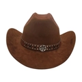 Chapeau de cowboy western classique en daim marron avec clous et badge métallique argent - Taille unique / café