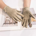 Women's warm beige suede gloves featuring a bow detail and flip-top touchscreen fingertips - Beige Open Finger