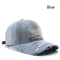 Casquette de baseball en jean bleu clair vintage avec broderie New York et détails usés - Bleu
