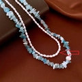 Aquamarine blue stone and freshwater pearl geometric bracelet with rustic charm - White Necklace